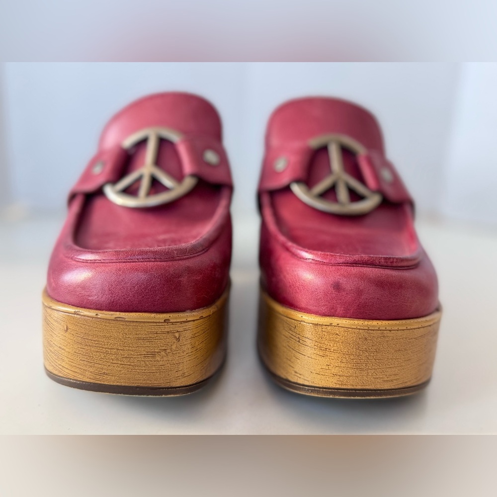 Lucky Brand Aleah Peace Sign Leather Wooden Chunky Platform Clog Mule Shoes 9 - Picture 3 of 12